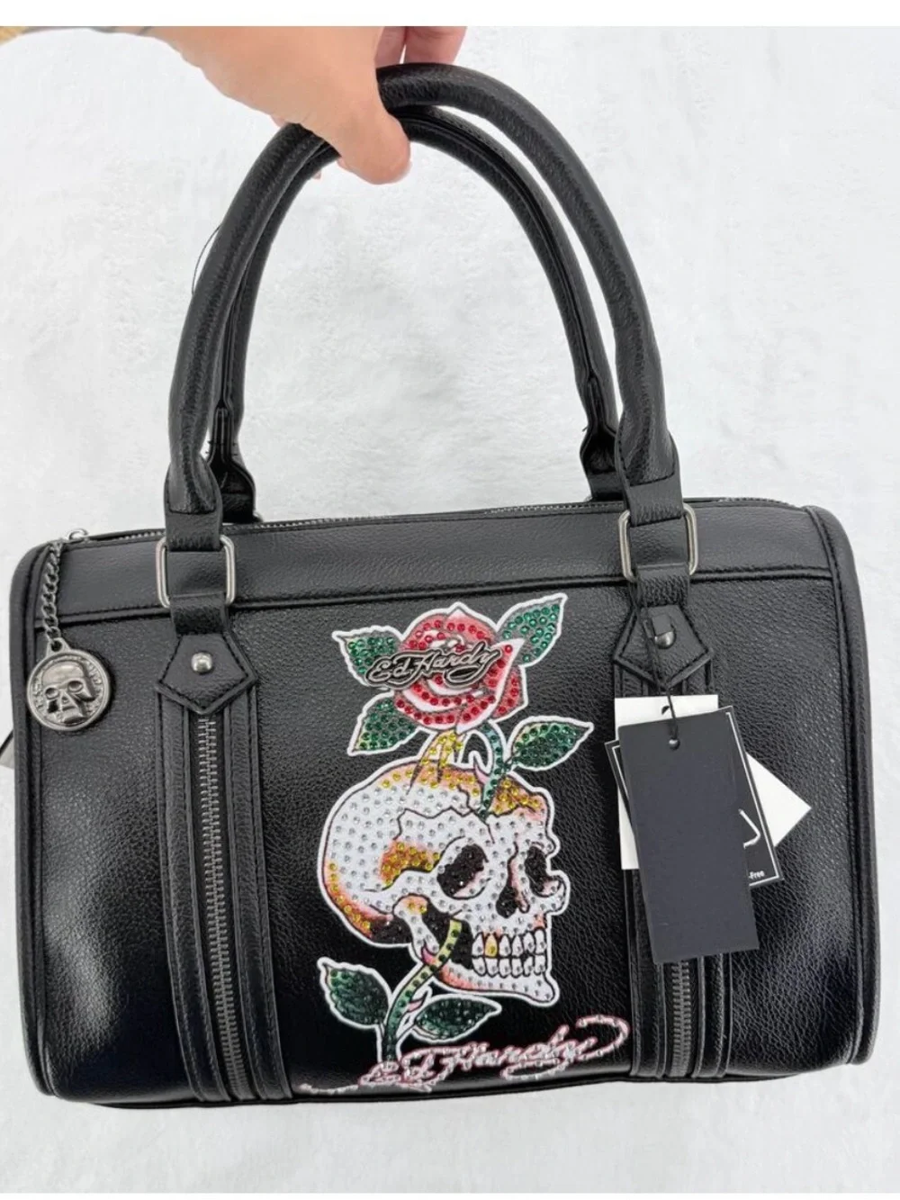 Ed Hardy Black Satchel with Skull, Rose & Green Leaf Embroidery
